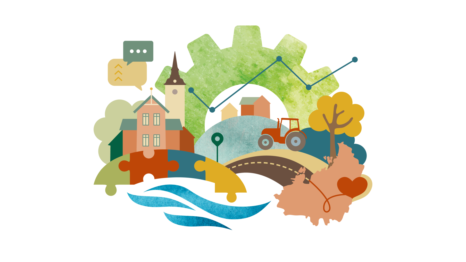 Illustration av utvecklingsområdet "Utveckling i samverkan" med bland annat ett stort kugghjul, hus, vatten, Skaraborgskartan och en bro av pusselbitar.