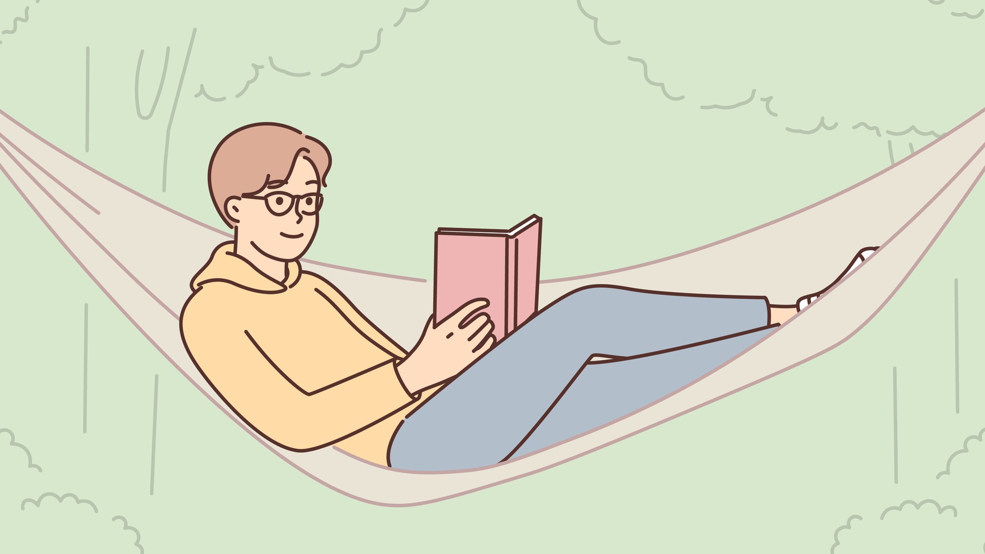 Illustration av person som läser bok i en hängmatta.