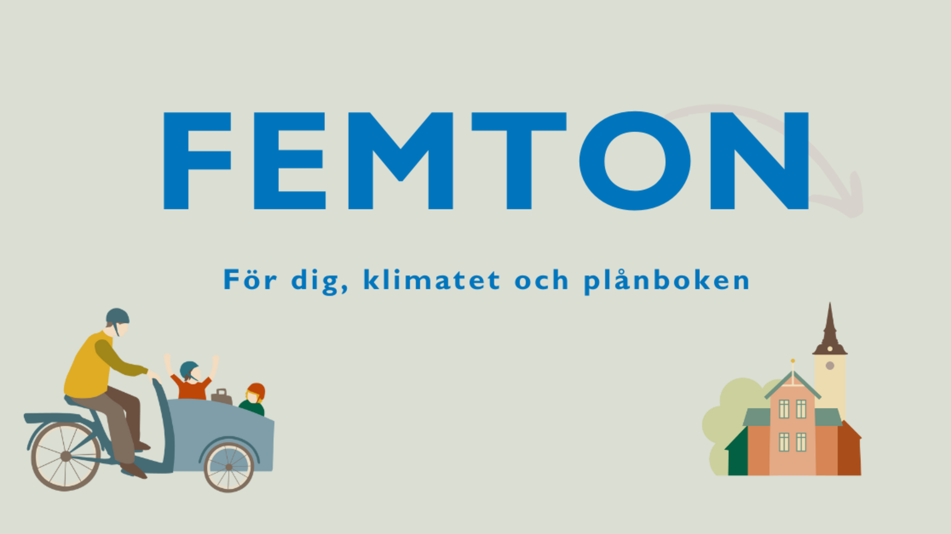 Texten "Femton. För dig, klimatet och plånboken" samt illustrationer föreställande en familj på cykel och Hjo stad. 